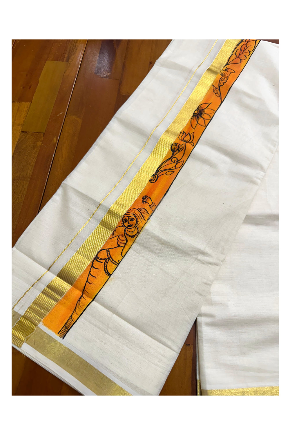 Kerala Pure Cotton Double Mundu with Hand Painted Designs on Kasavu Border(South Indian Kerala Dhoti)