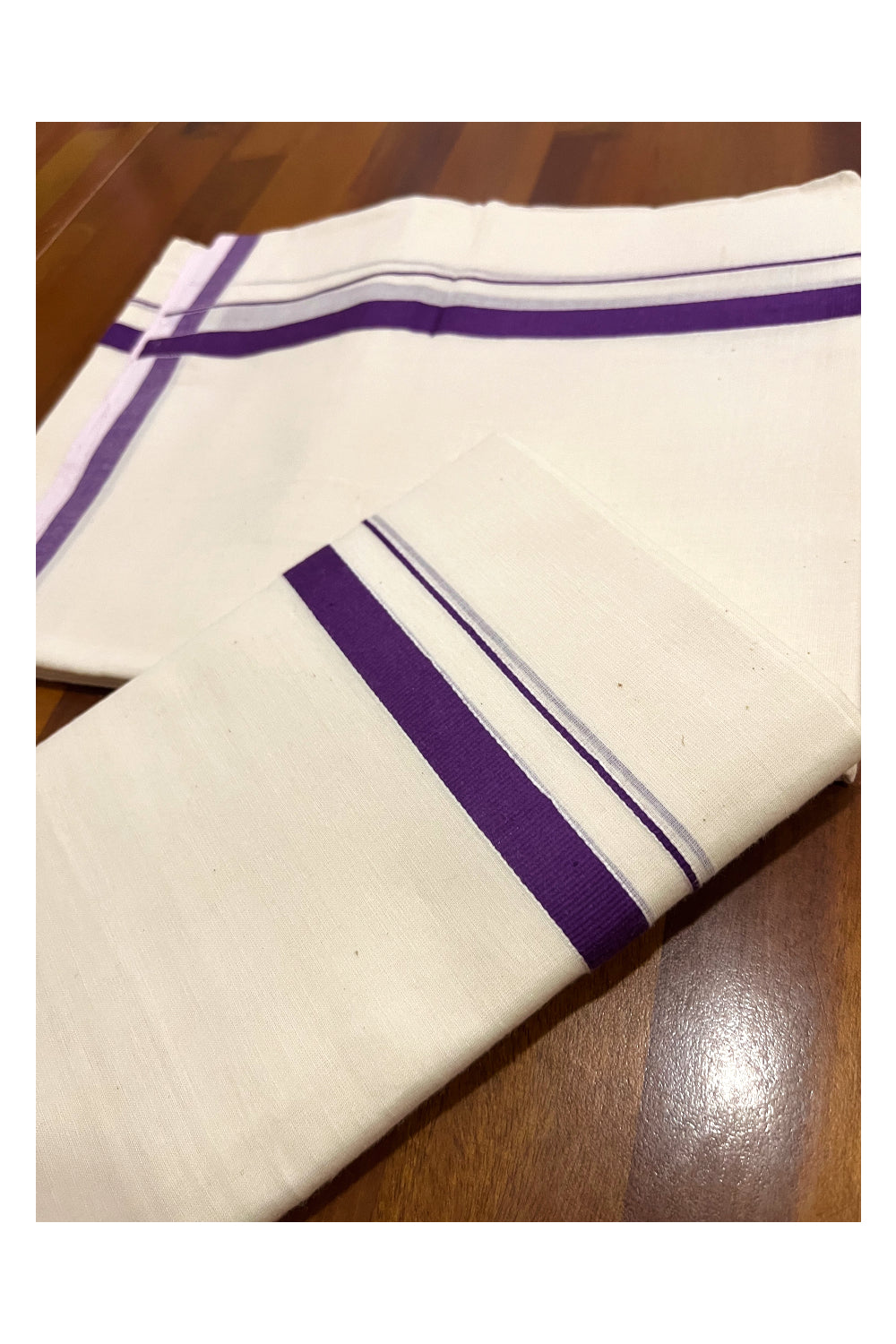 Kerala Cotton Mundum Neriyathum Single (Set Mundu) with Violet 0.5 inch Kara 2.75 Mtrs