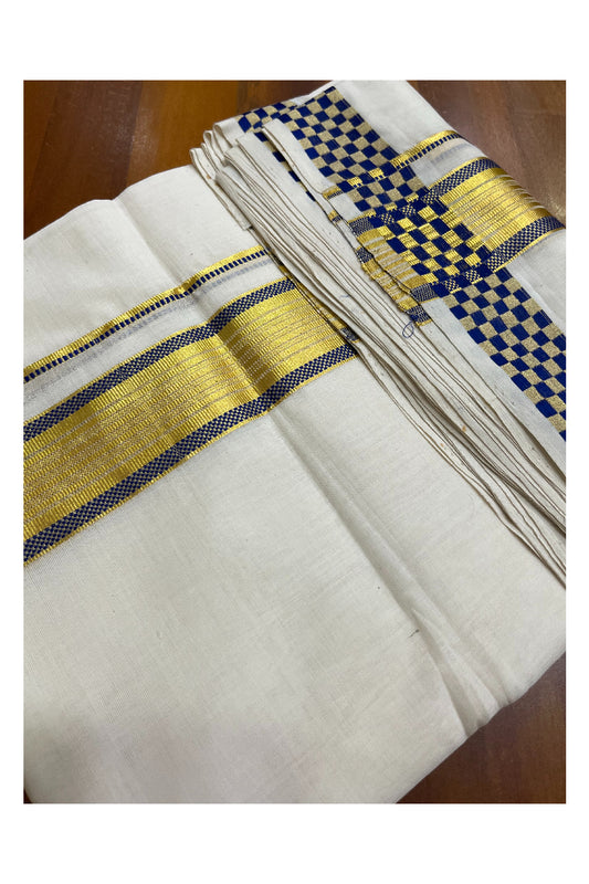 Premium Balaramapuram Handloom Unakkupaavu Cotton Double Mundu with Kasavu and Blue Paa Neythu Border (Onam 2024 Collection)