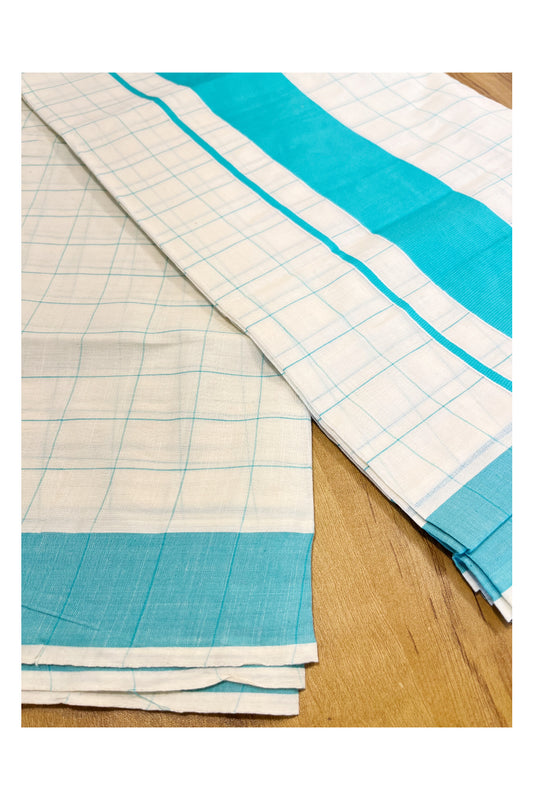 Pure Cotton Kerala Saree with Blue Check Designs Across Body