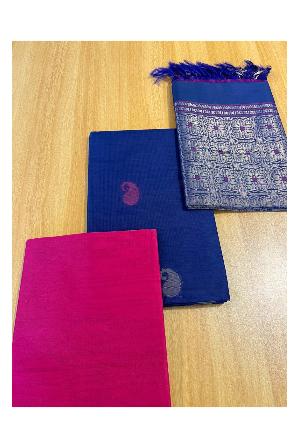 Southloom™ Original Handloom Cotton Pure Silk 3 Piece Blue and Pink Salwar Material with Woven Zari Butta Work