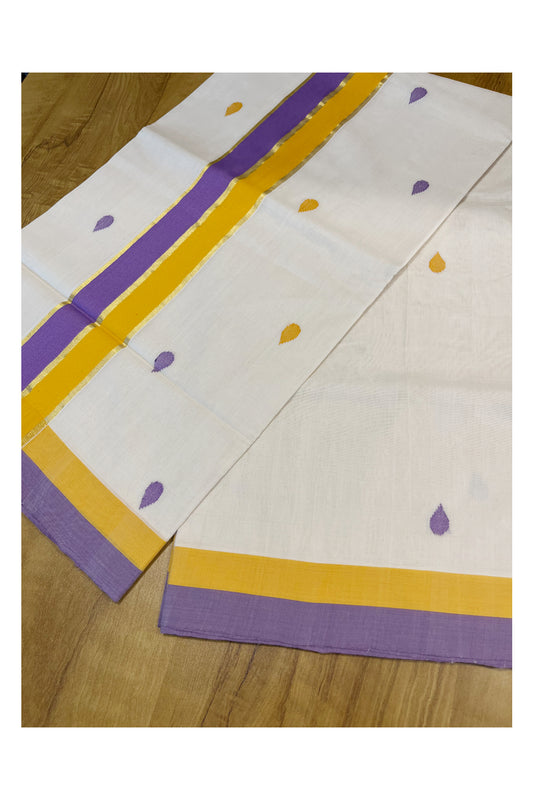 Southloom Premium Balaramapuram Unakkupaavu Handloom Cotton Butta Saree with Yellow,Lavender and Kasavu Border