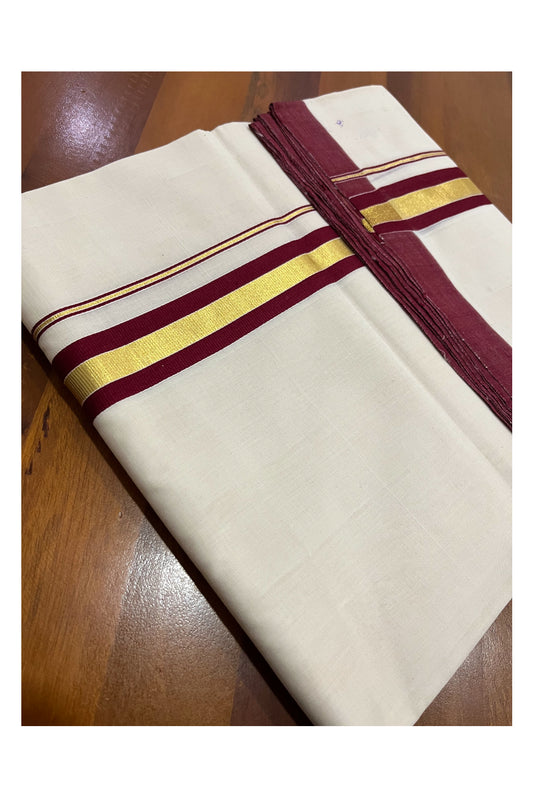 Premium Balaramapuram Unakkupaavu Handloom 10 Muzham Mundu with Kasavu and Maroon Border (South Indian Kerala Dhoti)