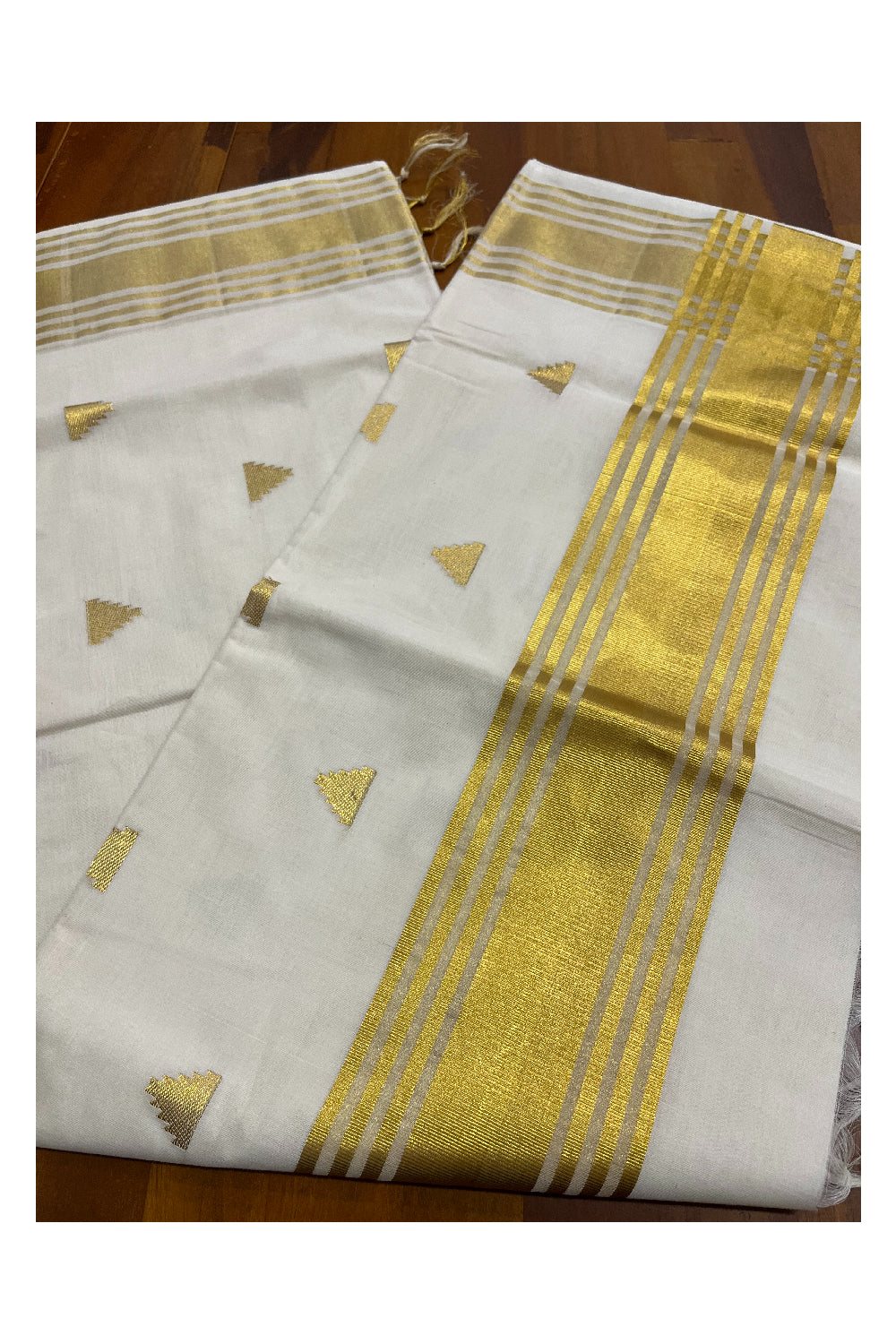 Southloom Premium Handloom Cotton Saree with Kasavu Temple Woven Designs across Body