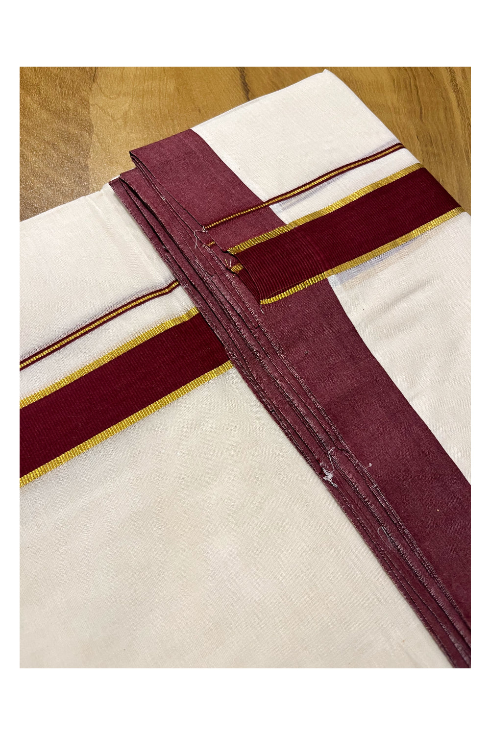 Pure Cotton Off White Double Mundu with  Kasavu and Maroon Border (South Indian Kerala Dhoti)