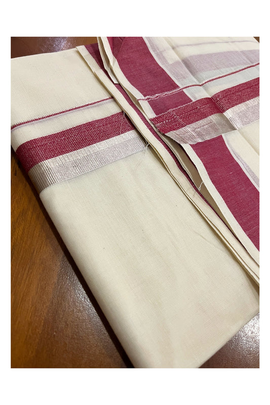 Kerala Cotton Double Mundu with Maroon and Silver Kasavu Border (South Indian Kerala Dhoti)