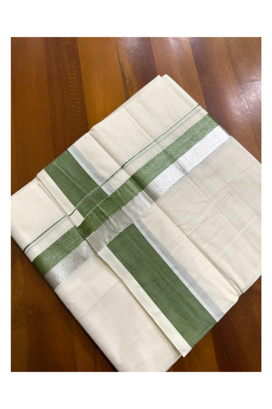 Kerala Pure Cotton Off White Double Mundu with Silver Kasavu And Green Kara (South Indian Kerala Dhoti)