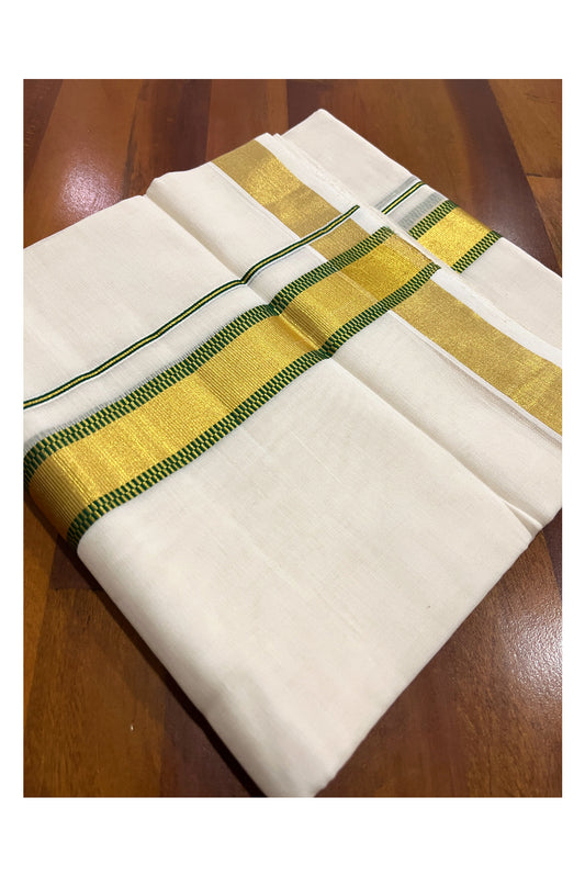 Southloom Premium Handloom Cotton Double Mundu with Golden and Green Kasavu Design Border (South Indian Kerala Dhoti)