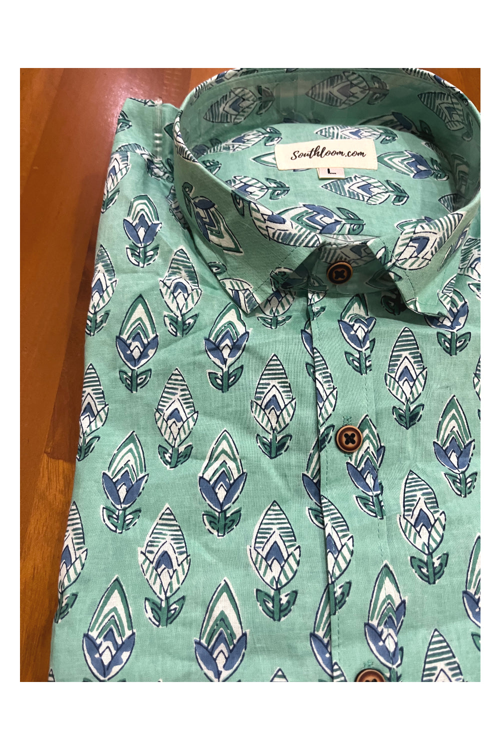 Southloom Jaipur Cotton Green Shirt with Floral Hand Block Printed Design (Full Sleeves)