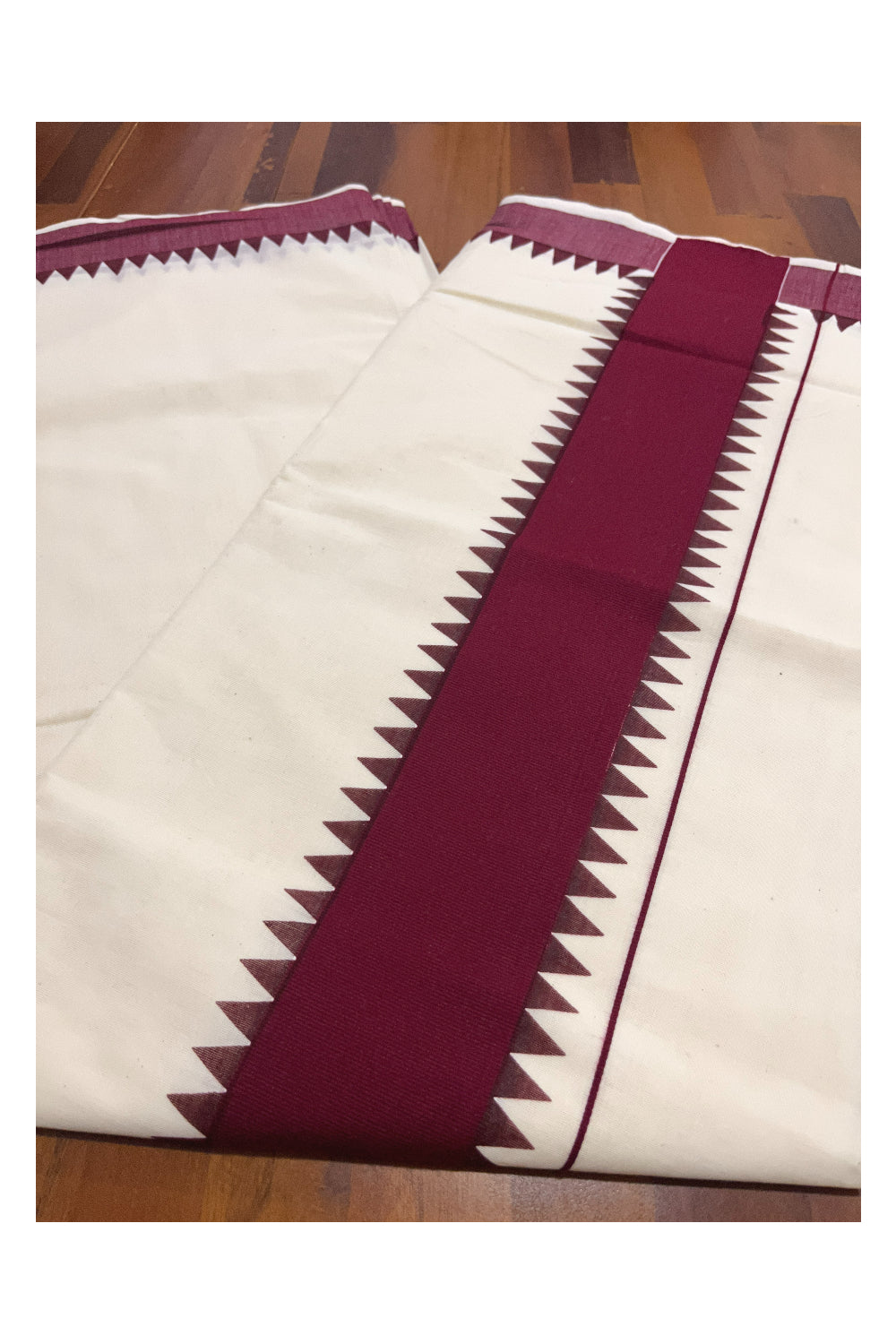 Kerala Pure Cotton Saree with Maroon Temple Block Prints on Border