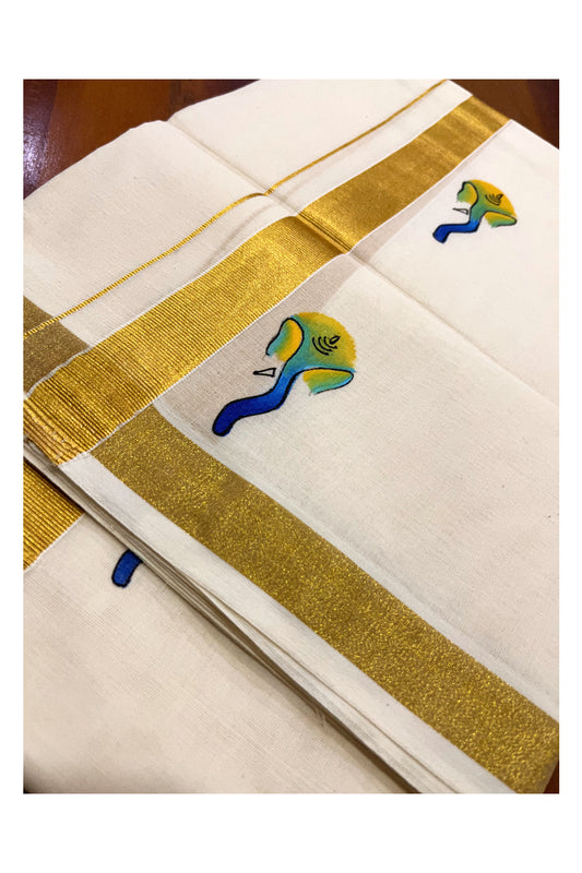 Pure Cotton Kasavu Mundu with Mural Hand Painted Border (Onam Mundu 2023)