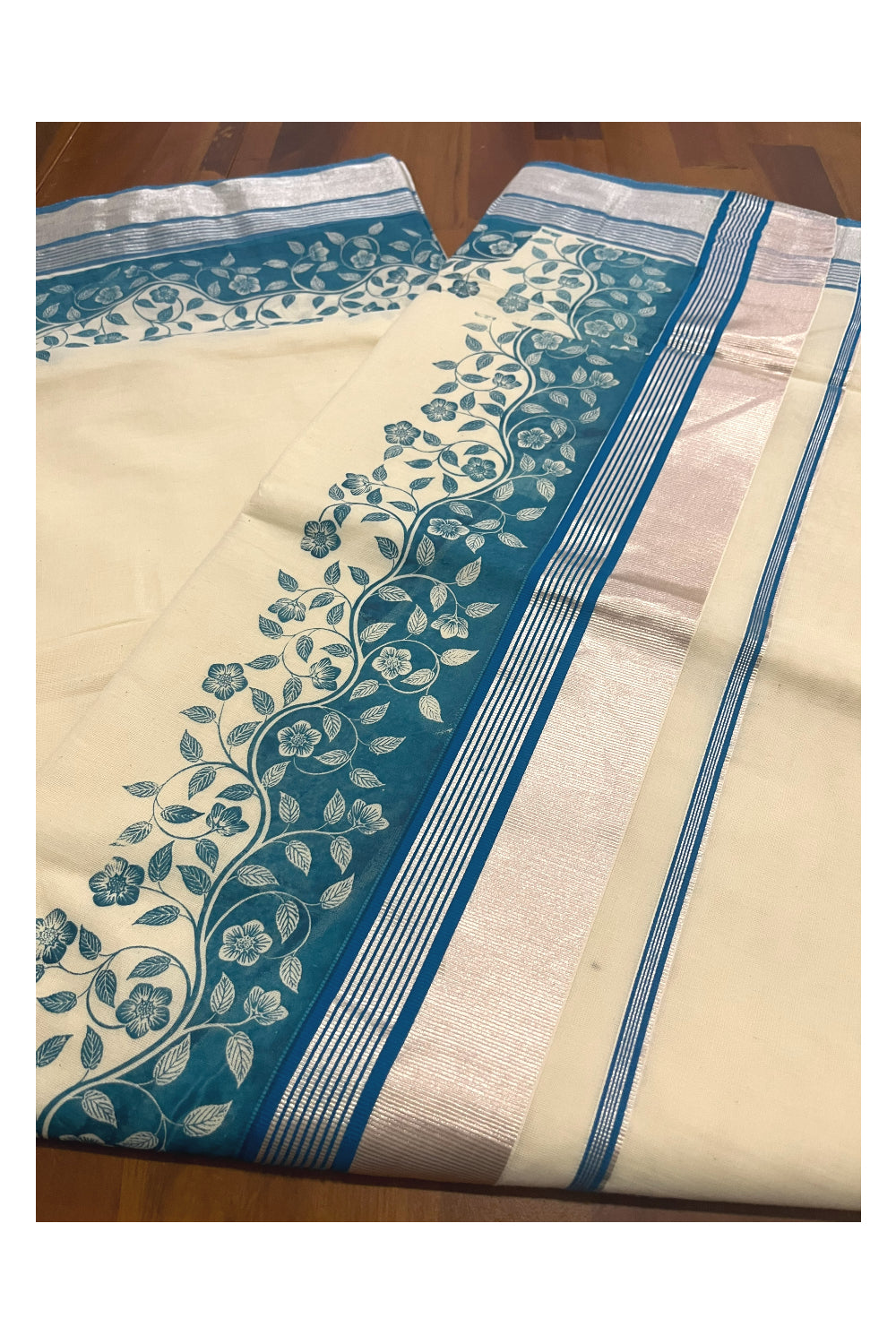 Kerala Cotton Saree with Blue Floral Block Prints and Silver Kasavu Border (Onam Saree 2023)