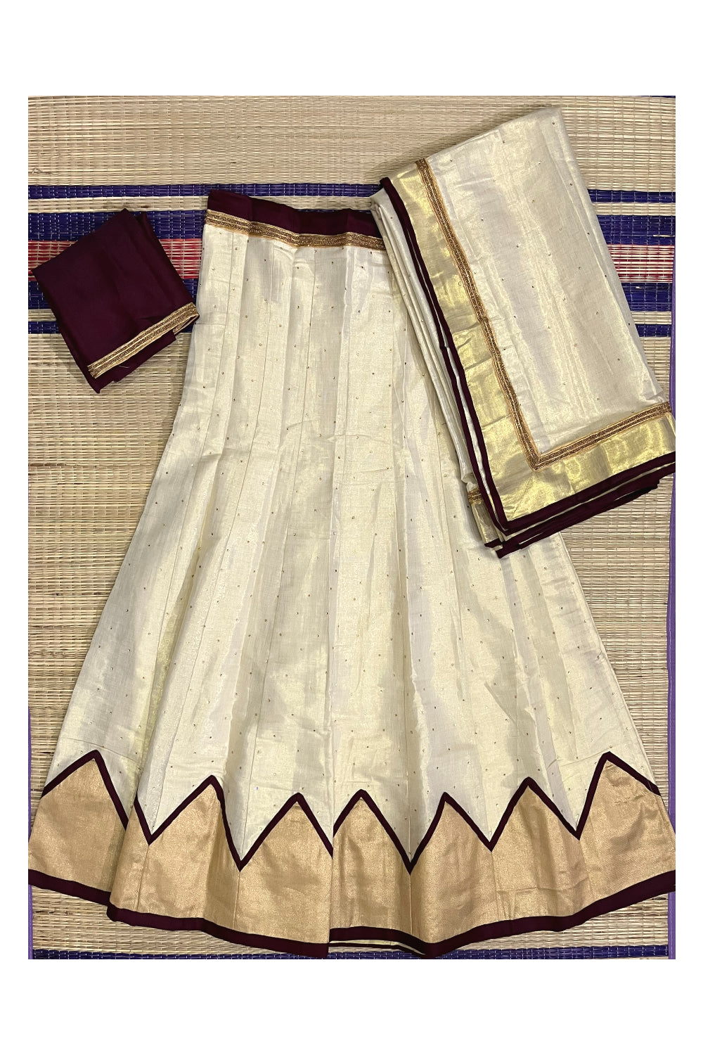 Semi Stitched Premium Tissue Dhavani Set with Sequins Works on Body and Maroon Piping Works on Border