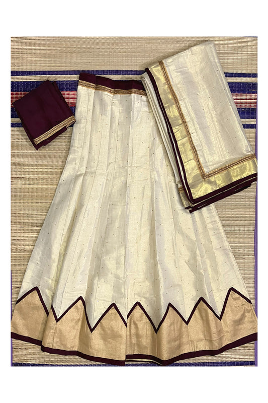 Semi Stitched Premium Tissue Dhavani Set with Sequins Works on Body and Maroon Piping Works on Border