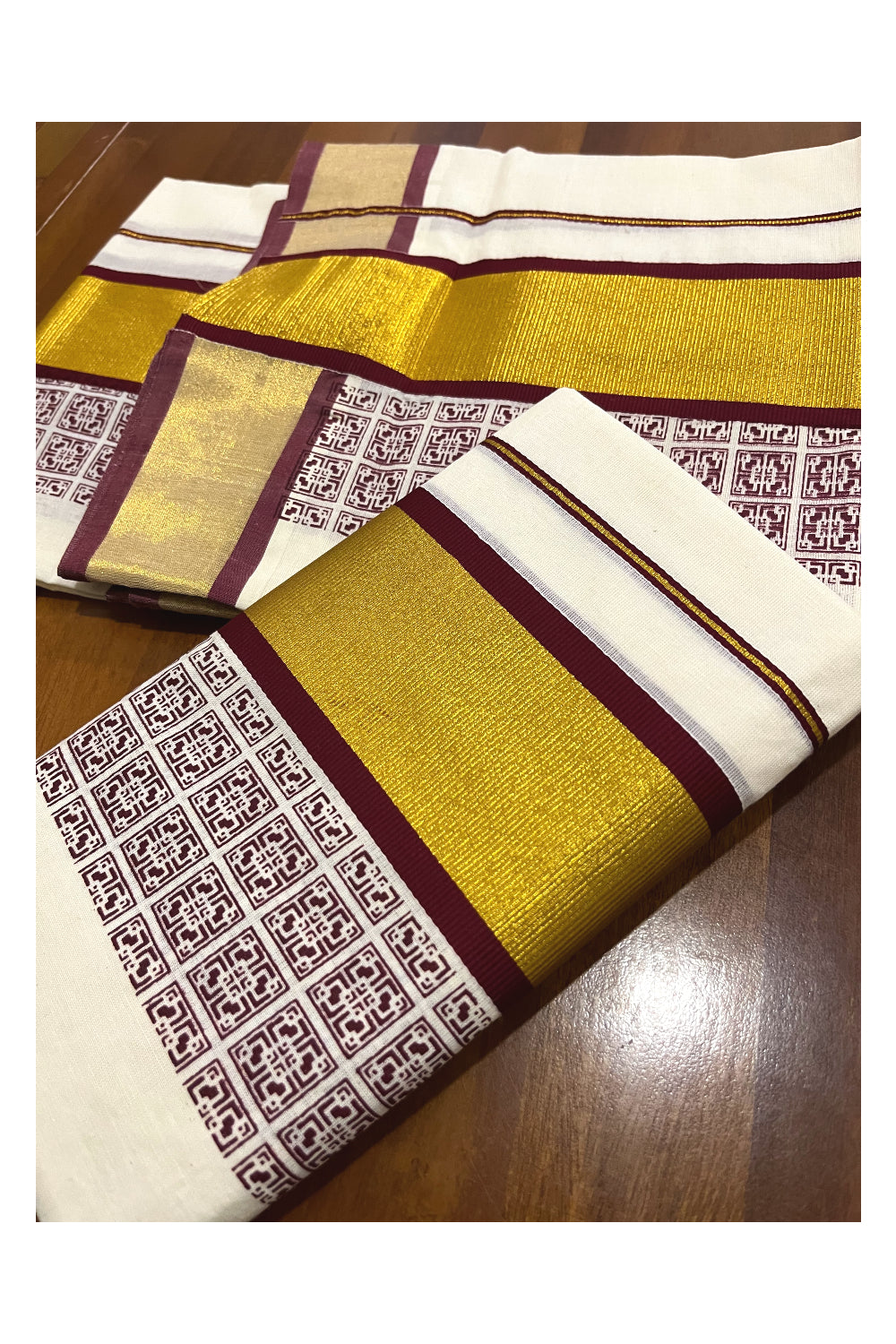 Pure Cotton Kerala Single Set Mundu (Mundum Neriyathum) with Maroon Block Printed Kasavu Border