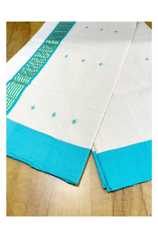 Southloom Premium Balaramapuram Unakkupaavu Handloom Cotton Butta Saree with Kasavu and Blue Border