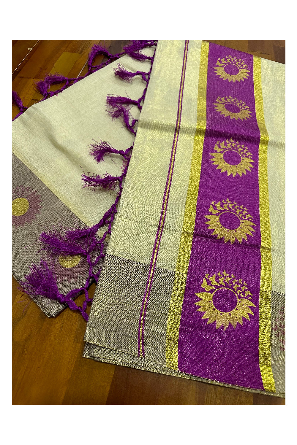 Kerala Tissue Kasavu Saree with Magenta and Golden Block Prints on Border (Onam Saree 2023)