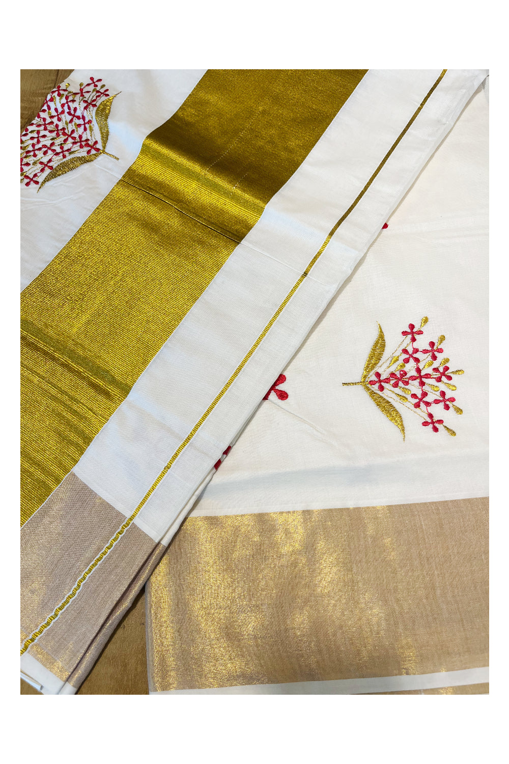 Southloom Kerala Cotton Kasavu Saree with red floral embroidery Designs