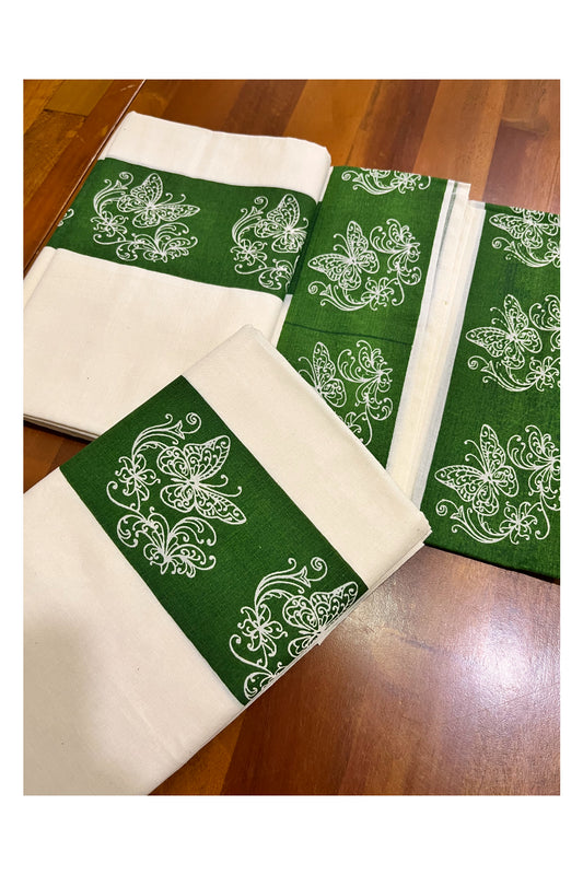 Kerala Cotton Set Mundu (Mundum Neriyathum) with Green Butterfly Prints and Seperate Blouse Piece