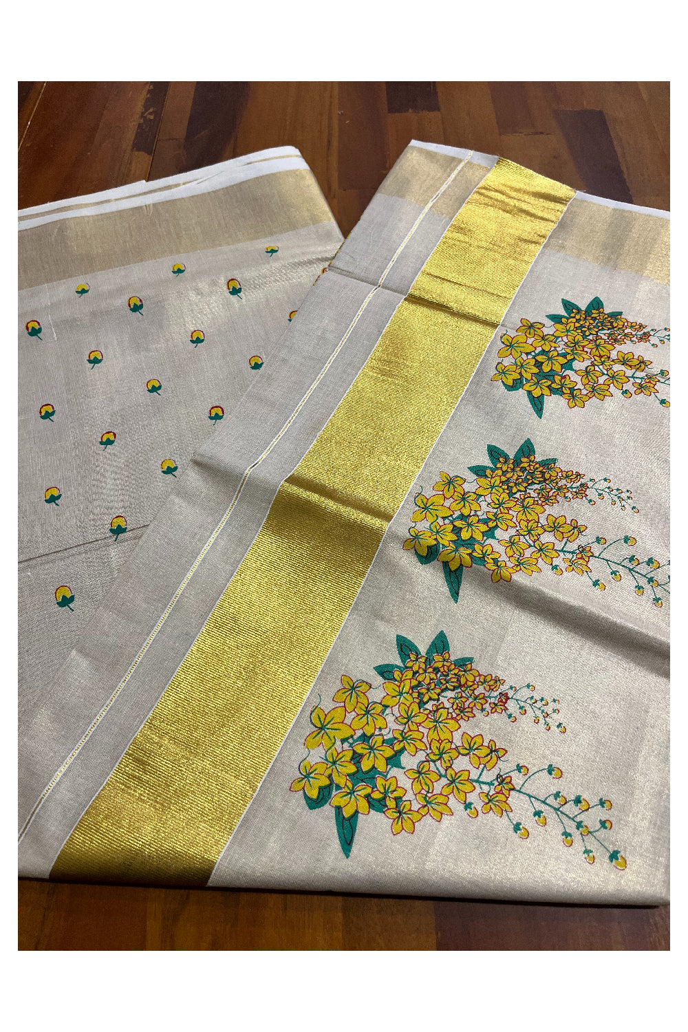 Kerala Tissue Kasavu Saree with Konna Poovu Block Printed Designs (Vishu 2024 Collection)