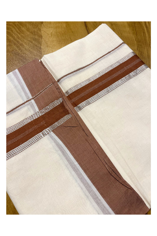 Pure Cotton Off White Double Mundu with Silver Kasavu and Brown Border (South Indian Kerala Dhoti)