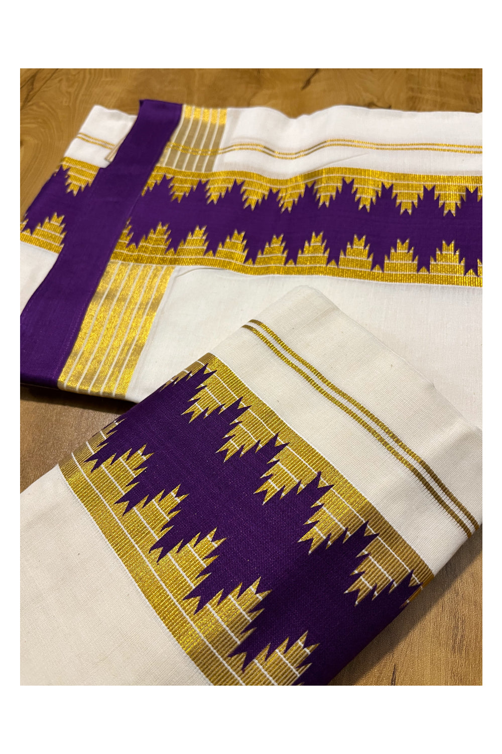 Kerala Cotton Single Set Mundu (Mundum Neriyathum) with Kasav Lines and Violet Temple Applique Work Border 2.80Mtrs