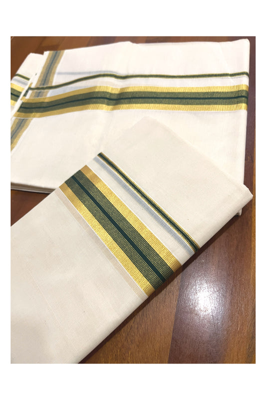 Kerala Cotton Mundum Neriyathum Single (Set Mundu) with Kasavu and Dark Green Border 2.80 Mtrs