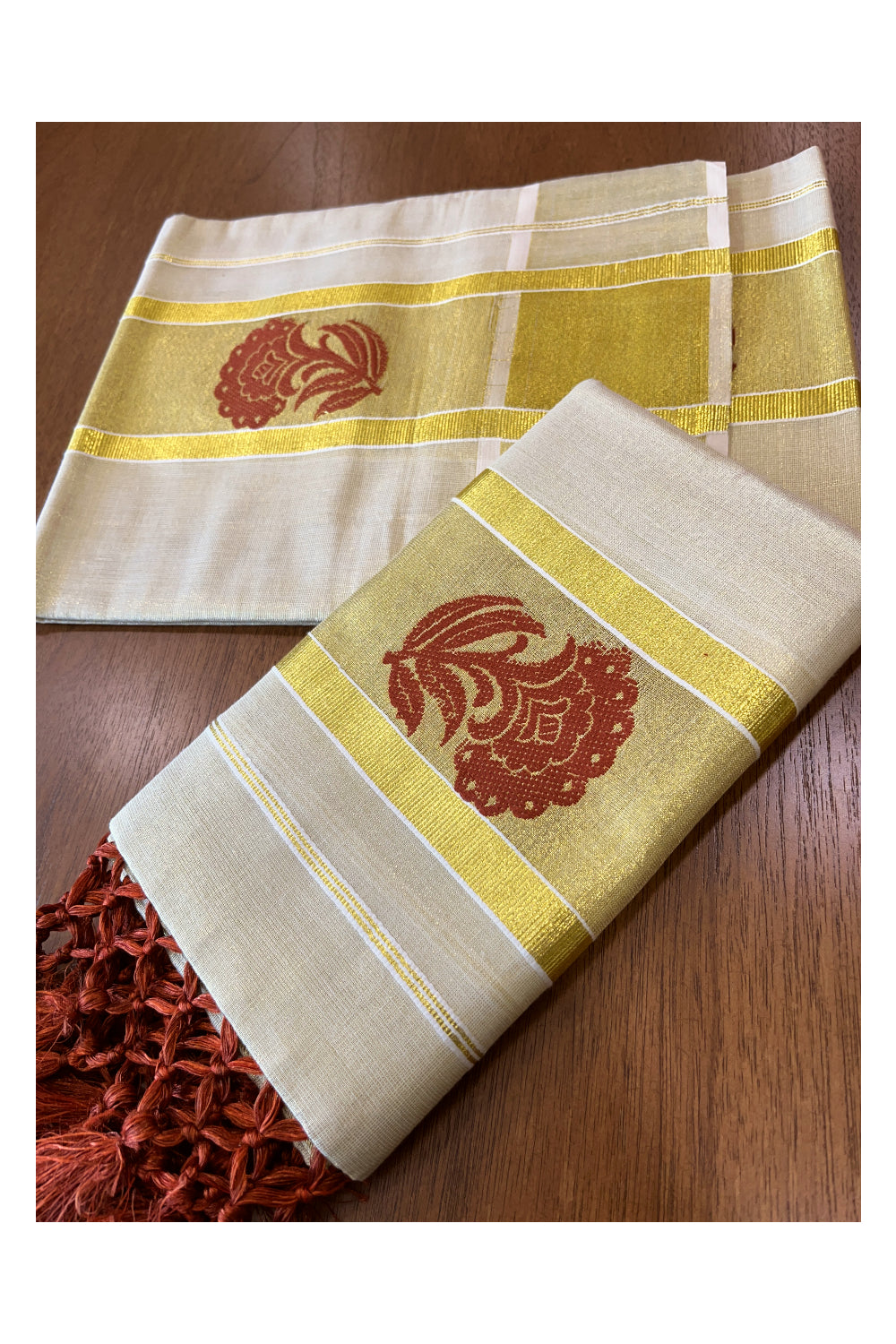 Kerala Tissue Set Mundu (Mundum Neriyathum) with Dark Orange Floral Thread Works on Border 2.80 Mtrs
