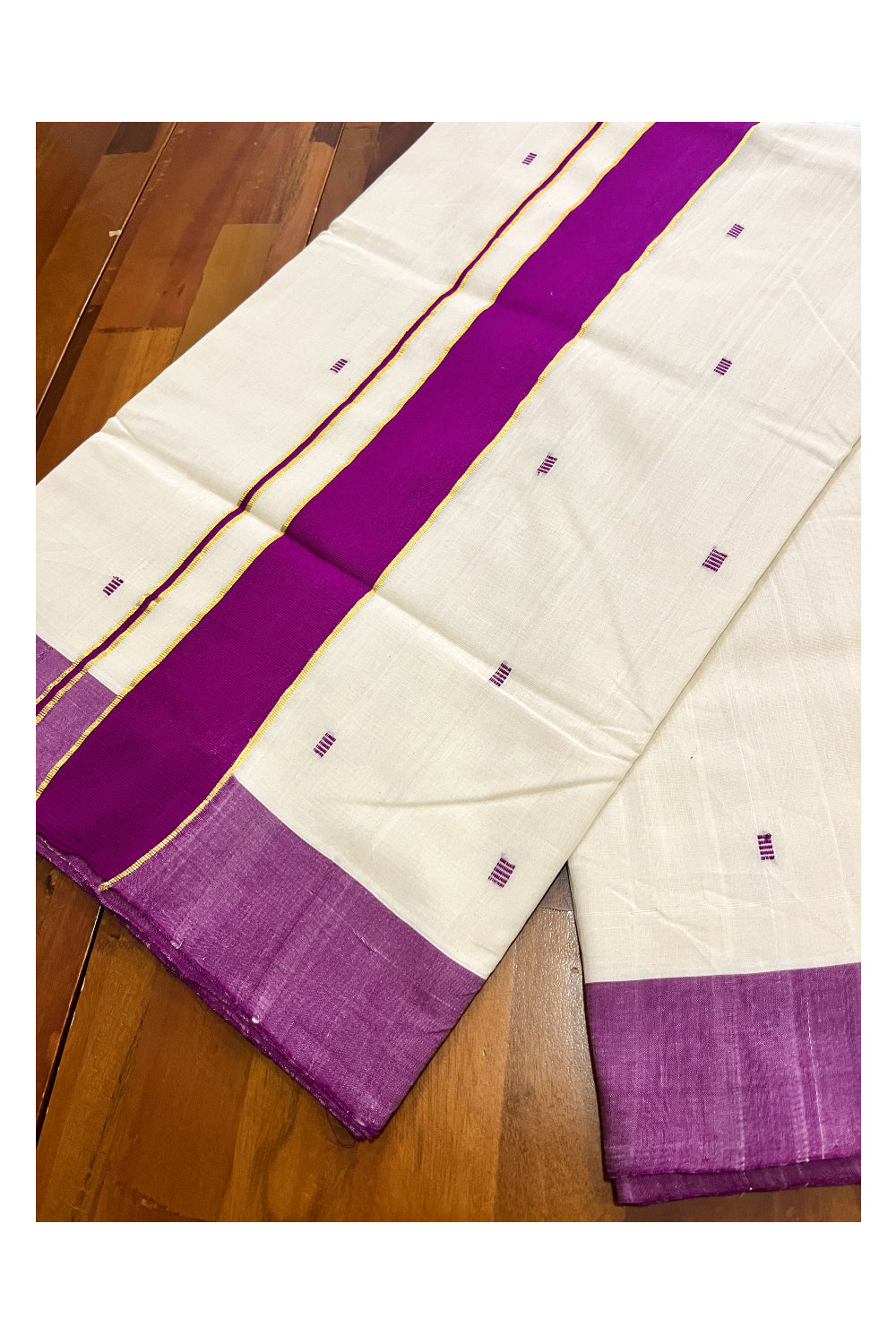 Southloom Premium Balaramapuram Unakkupaavu Handloom Cotton Butta Saree with Magenta and Kasavu Border