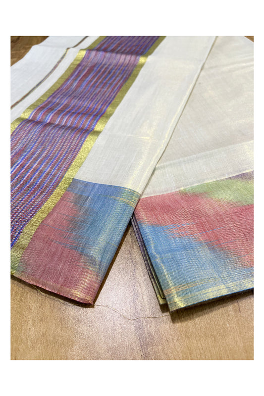 Southloom Kerala Tissue Kasavu Saree with Multi Colour Pochampally Design on Borders and Kara