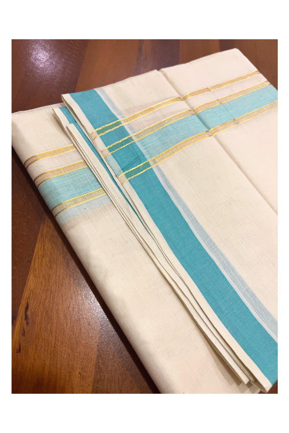 Kerala Cotton Double Mundu with Turquoise and Kasavu Border (Onam Mundu 2023)