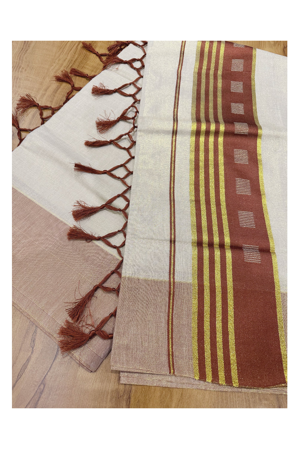 Kerala Tissue Saree with Kasavu Brown Border and Tassels Works on Pallu (Onam Saree 2023)