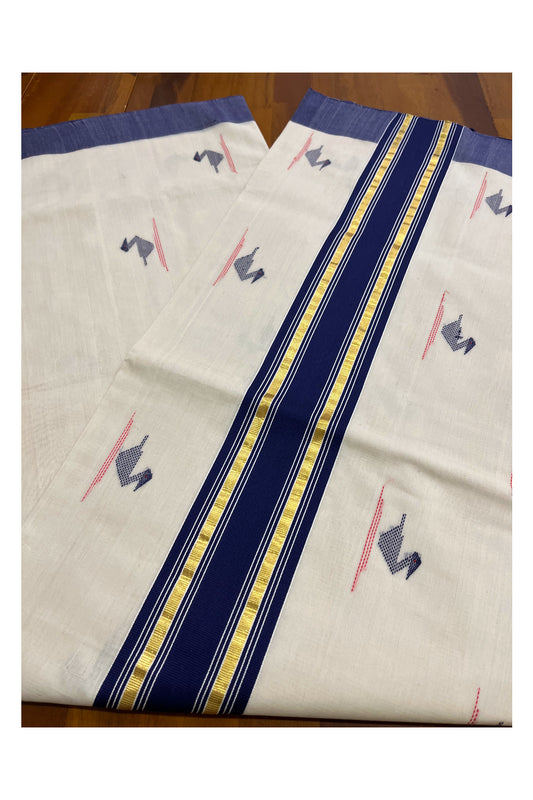 Southloom Premium Balaramapuram Unakkupaavu Handloom Cotton Butta Saree with Dark Blue and Kasavu Border