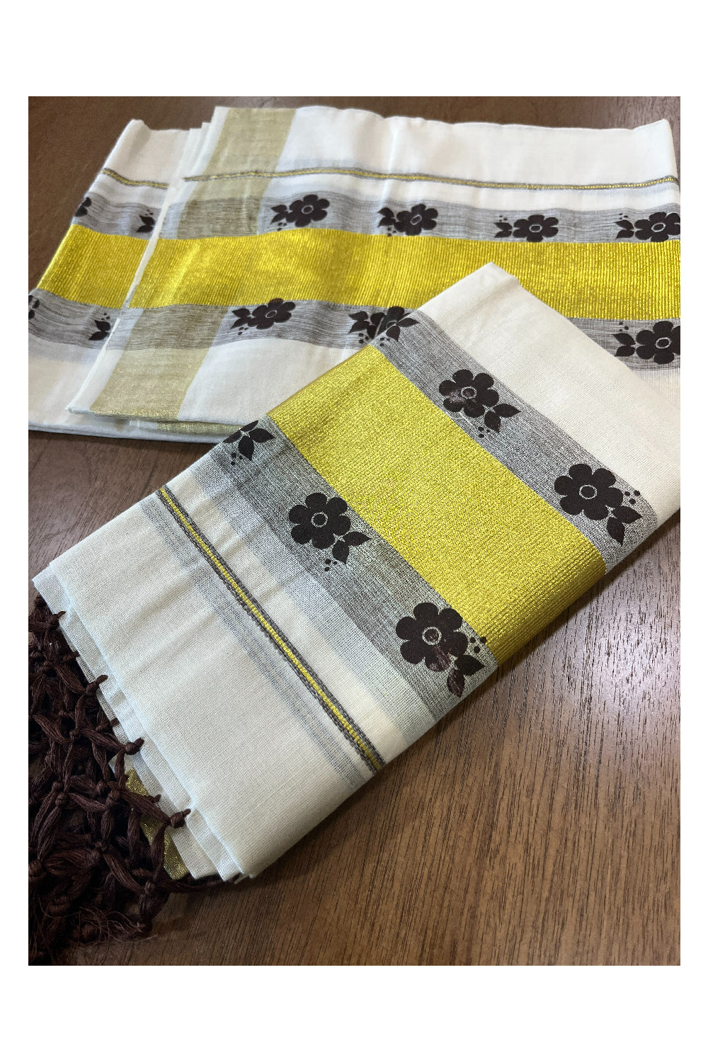 Cotton Single Set Mundu (Mundu Neriyathum) with Brown Block Prints and Kasavu Border