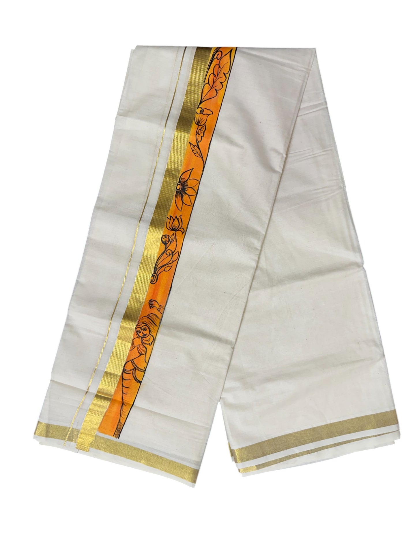 Kerala Pure Cotton Double Mundu with Hand Painted Designs on Kasavu Border(South Indian Kerala Dhoti)