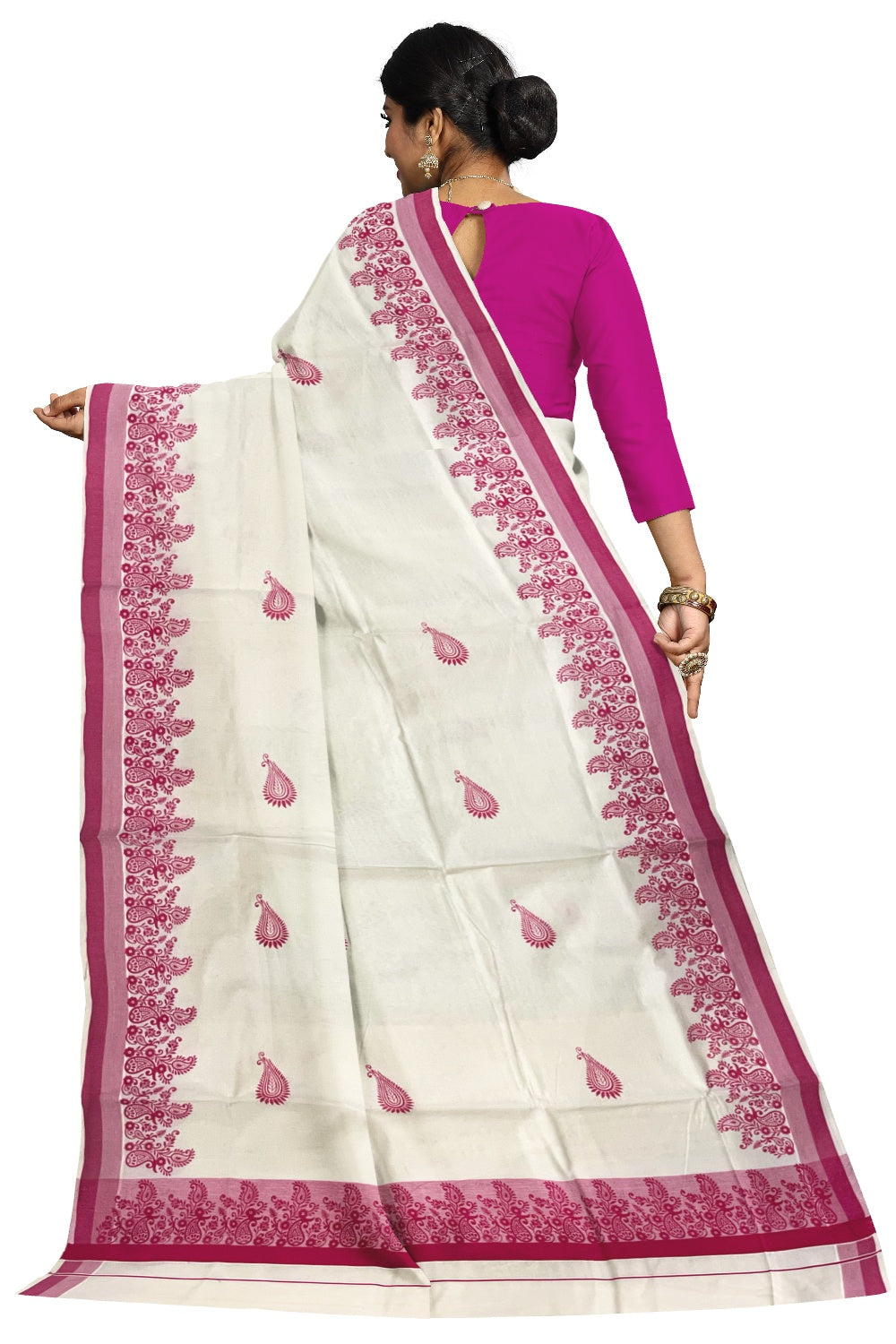 Pure Cotton Off White Kerala Saree with Bright Magenta Paisley Block Printed Border (Onam Saree 2023)