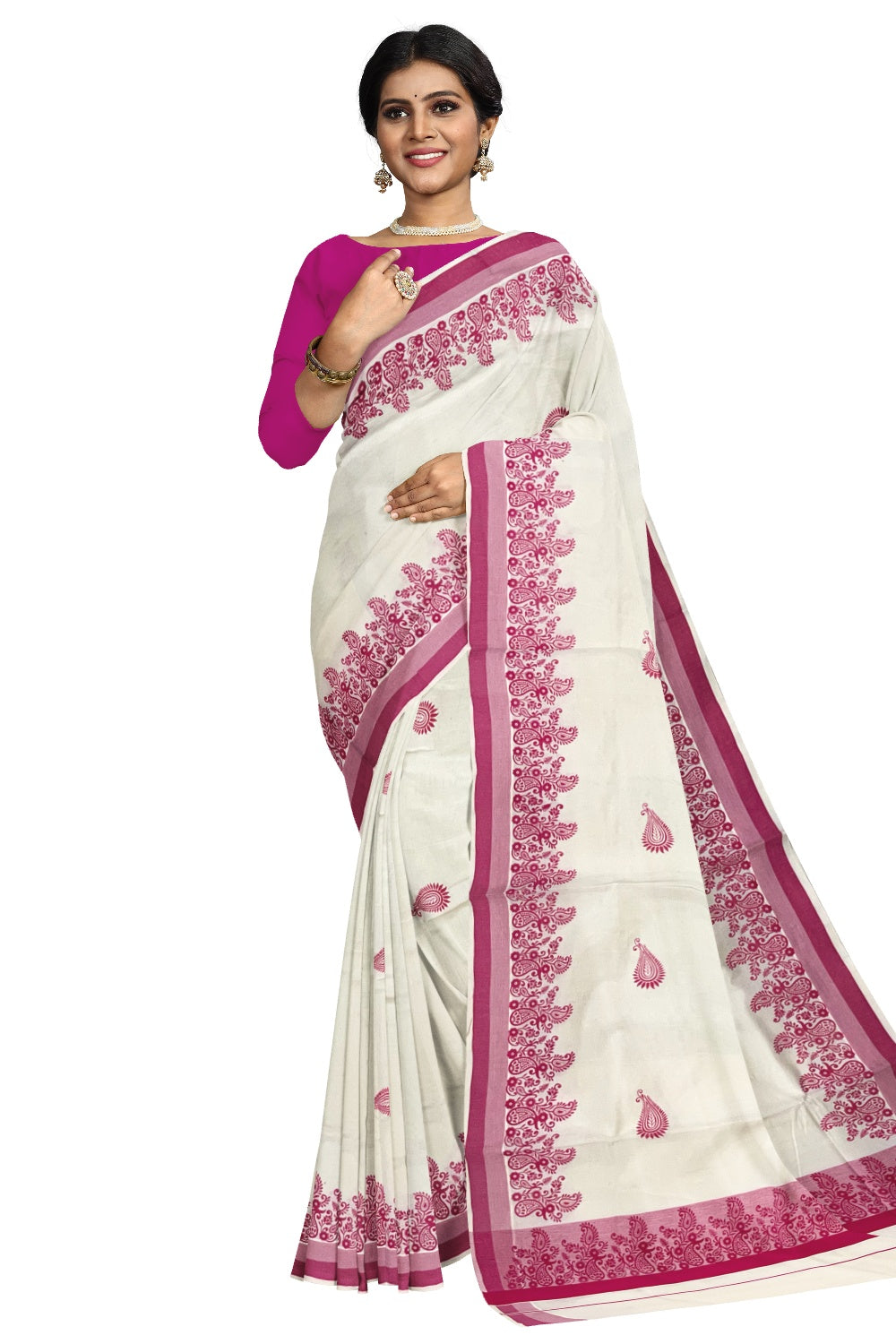 Pure Cotton Off White Kerala Saree with Bright Magenta Paisley Block Printed Border (Onam Saree 2023)