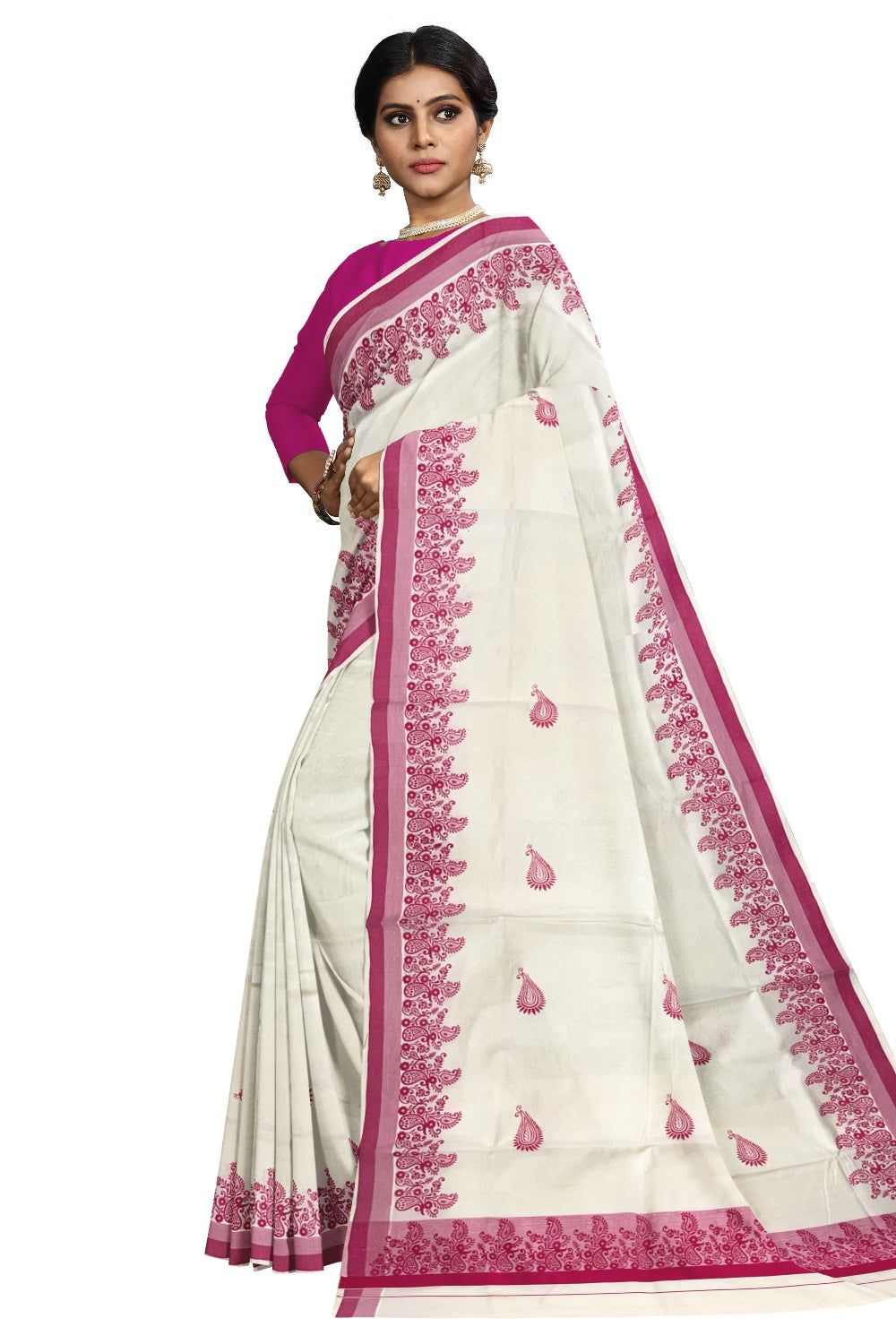 Pure Cotton Off White Kerala Saree with Bright Magenta Paisley Block Printed Border (Onam Saree 2023)