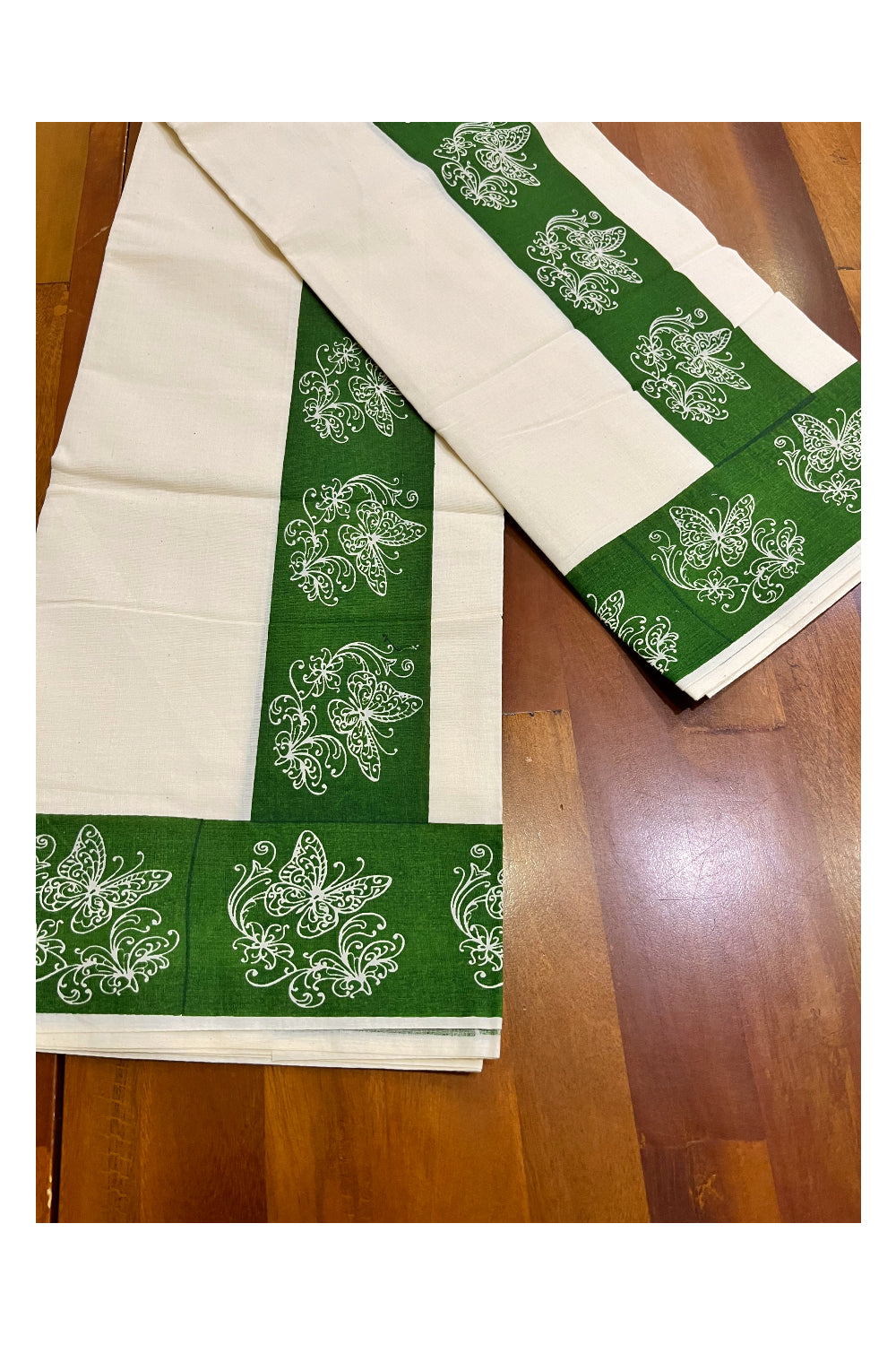 Kerala Cotton Set Mundu (Mundum Neriyathum) with Green Butterfly Prints and Seperate Blouse Piece