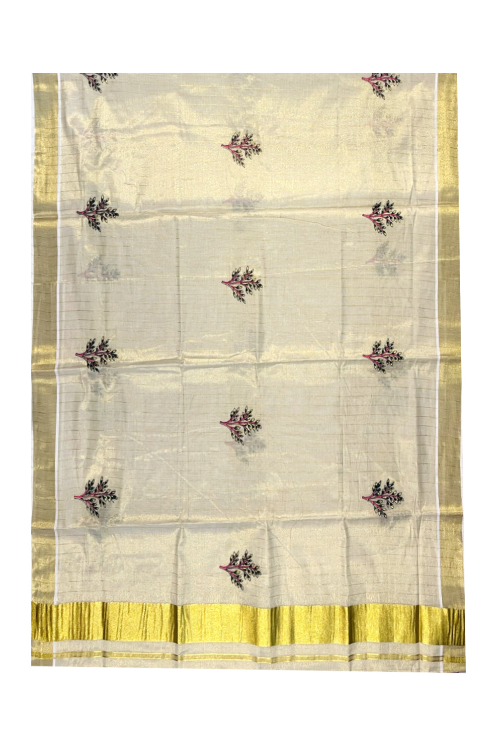 Kerala Tissue Kasavu Lines Saree with Green and Pink Floral Embroidery Works