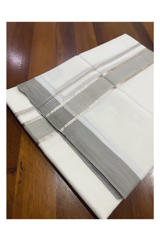 Pure White Cotton Double Mundu with Grey and Silver Kasavu Border (South Indian Kerala Dhoti)