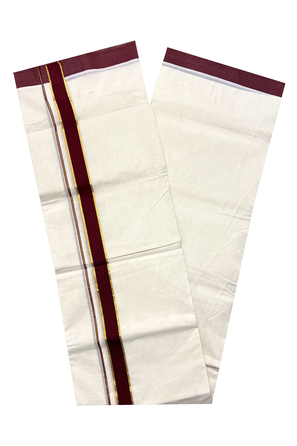 Pure Cotton Off White Double Mundu with  Kasavu and Maroon Border (South Indian Kerala Dhoti)