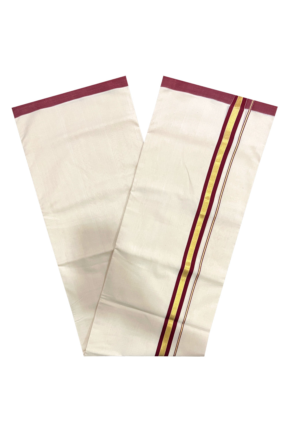 Premium Balaramapuram Unakkupaavu Handloom 10 Muzham Mundu with Kasavu and Maroon Border (South Indian Kerala Dhoti)