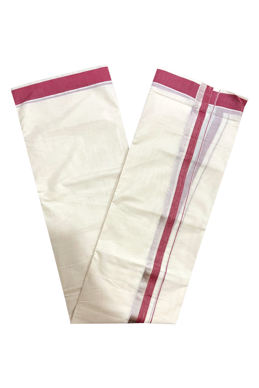 Kerala Cotton Double Mundu with Maroon and Silver Kasavu Border (South Indian Kerala Dhoti)