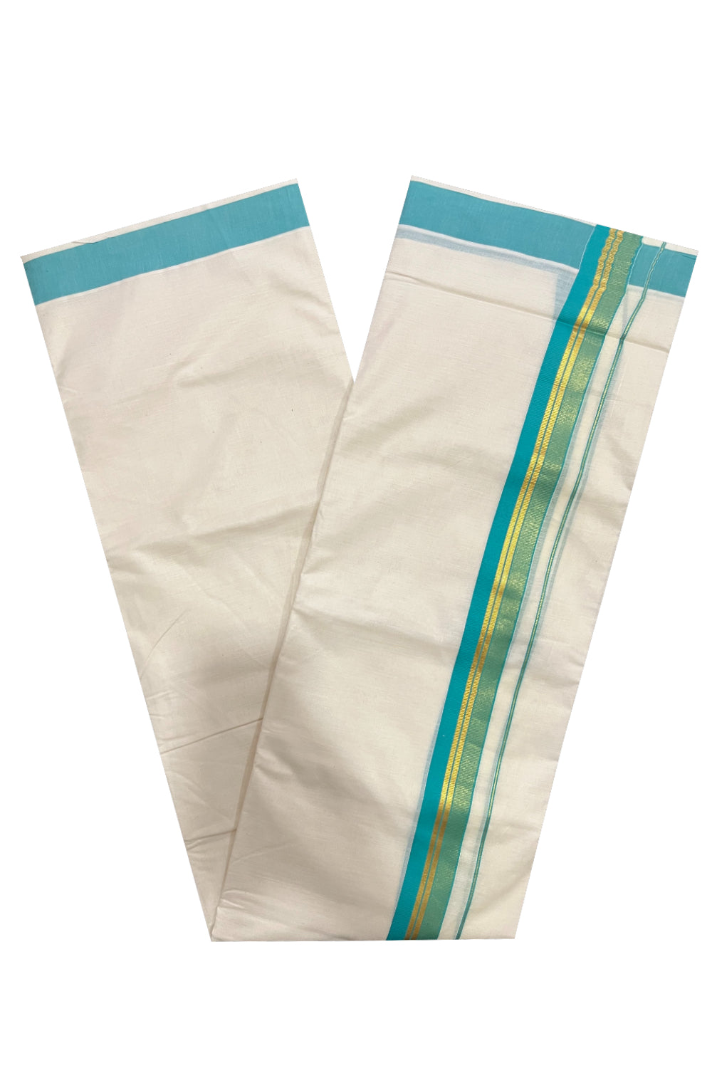 Pure Cotton Kerala Double Mundu with Turquoise and Kasavu Kara (South Indian Kerala Dhoti)