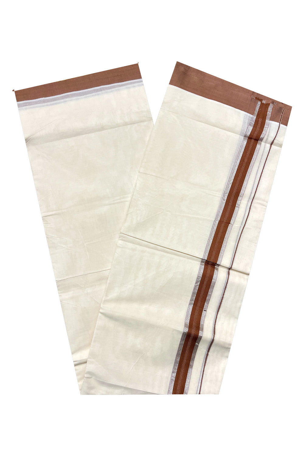 Pure Cotton Off White Double Mundu with Silver Kasavu and Brown Border (South Indian Kerala Dhoti)