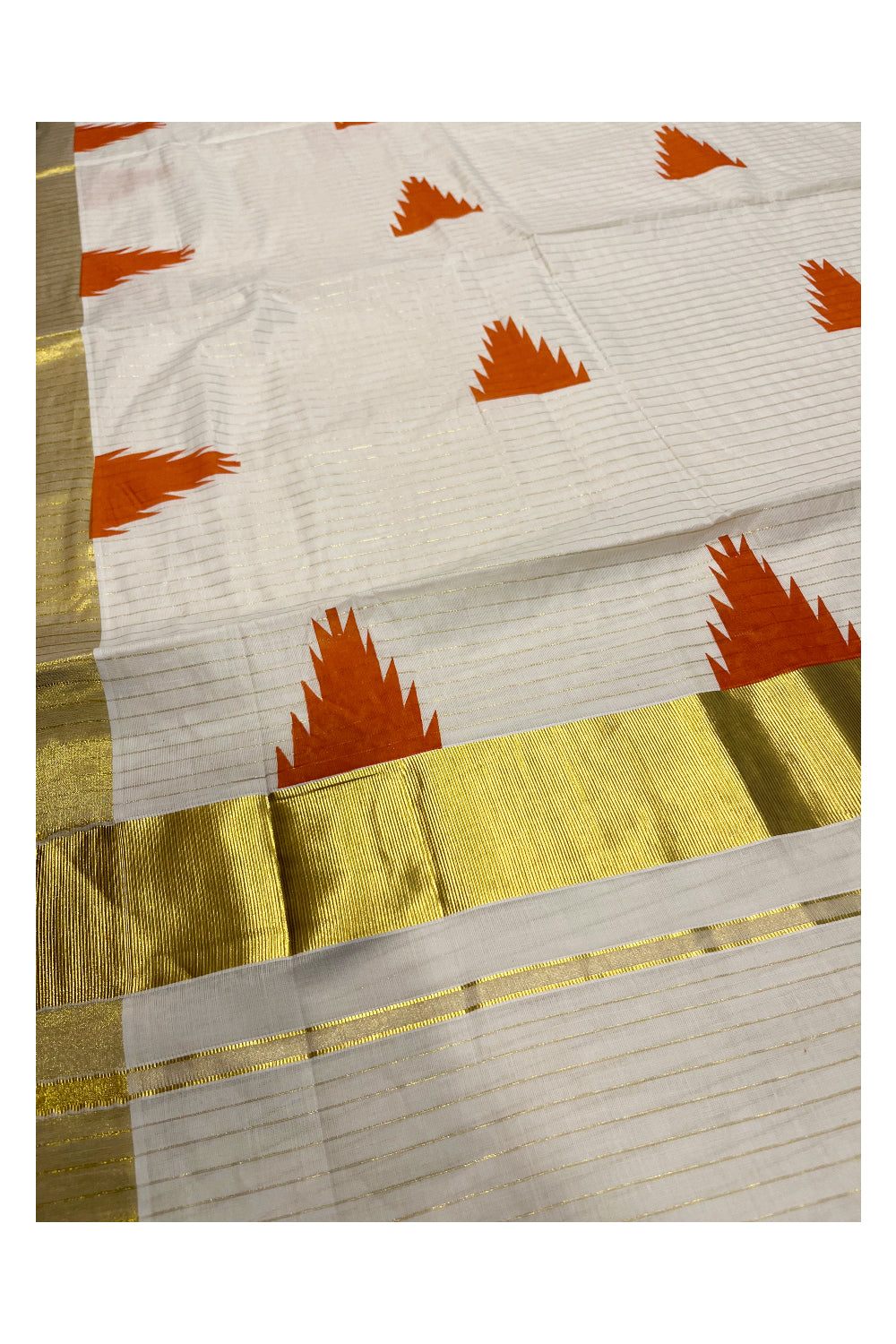 Kerala Cotton Kasavu Lines Saree With Orange Temple Prints on Border