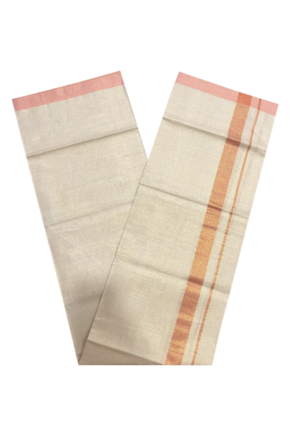 Kerala Tissue Otta Mundu with Orange Lines Border (South Indian Dhoti)