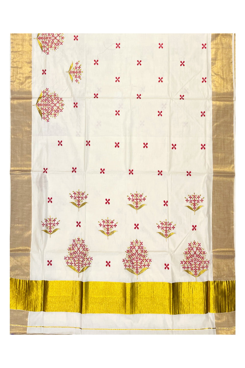 Southloom Kerala Cotton Kasavu Saree with red floral embroidery Designs