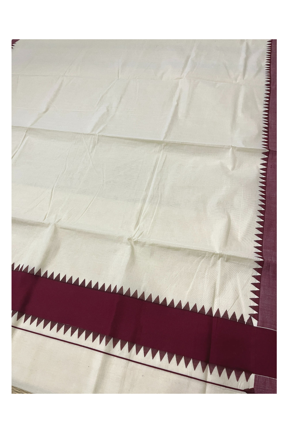 Kerala Pure Cotton Saree with Maroon Temple Block Prints on Border